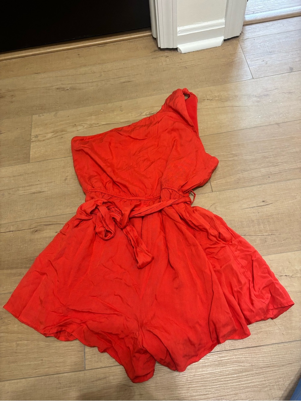 Red One-Shoulder Jumpsuit Romper with Tie Waist